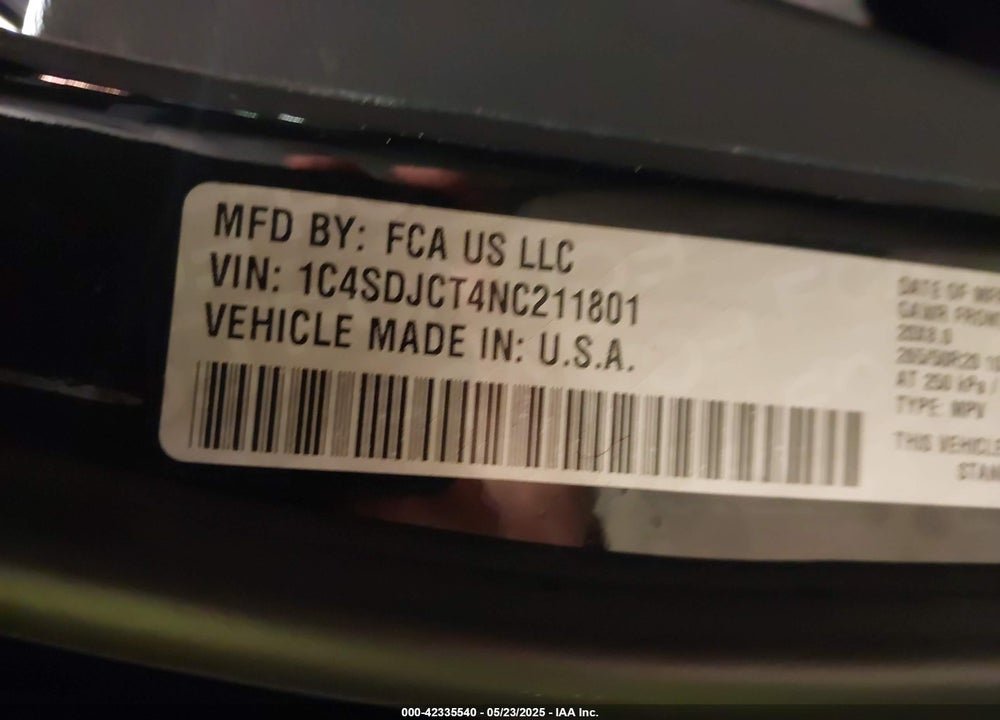 2022 DODGE DURANGO VIN: 1C4SDJCT4NC211801