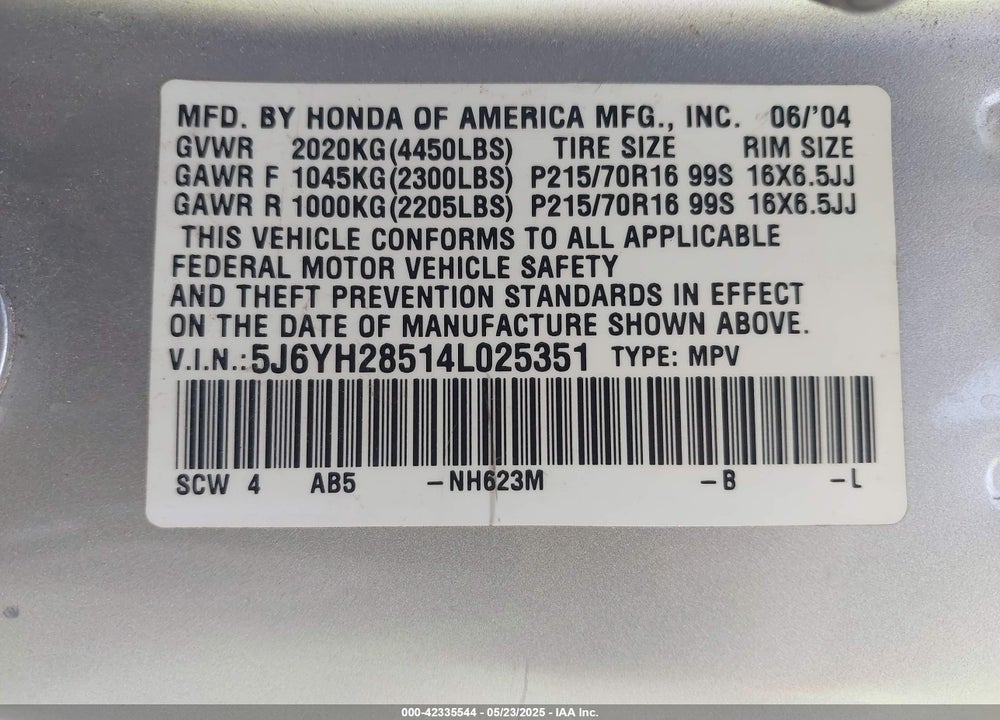 2004 HONDA ELEMENT EX VIN: 5J6YH28514L025351