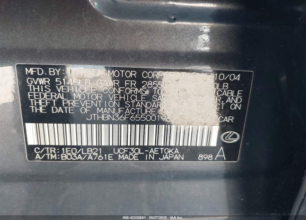 2005 LEXUS LS 430 VIN: JTHBN36F655001962