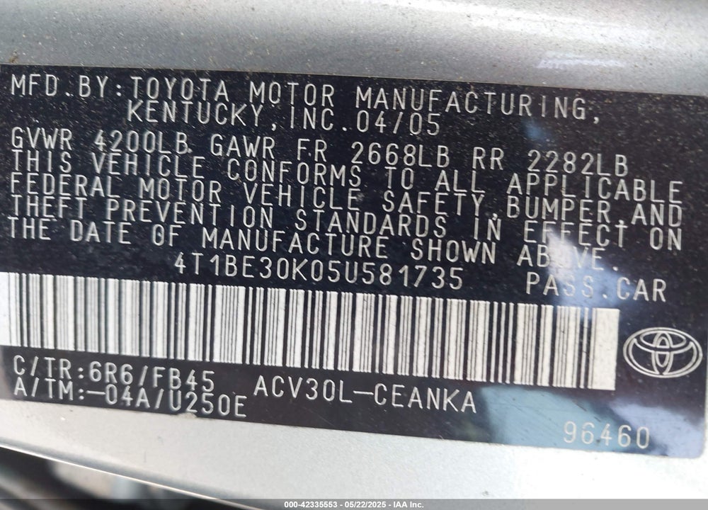 2005 TOYOTA CAMRY LE/SE/XLE VIN: 4T1BE30K05U581735