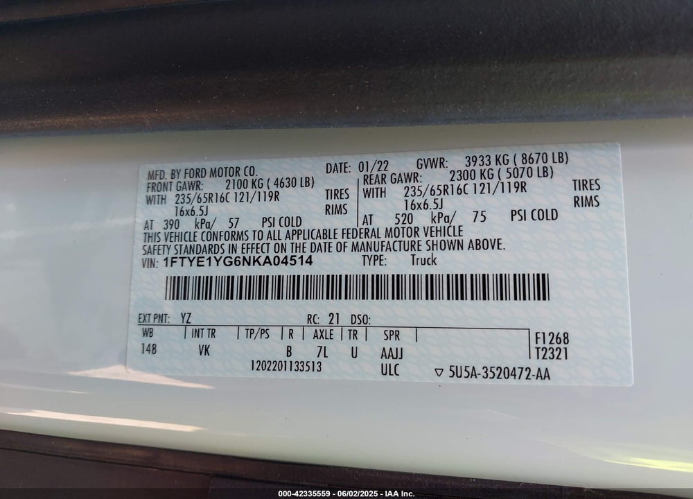 2022 FORD TRANSIT-150 VIN: 1FTYE1YG6NKA04514