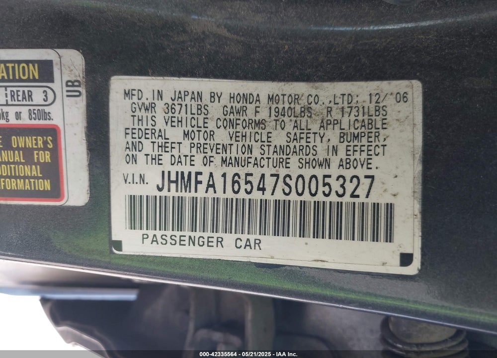 2007 HONDA CIVIC VIN: JHMFA16547S005327