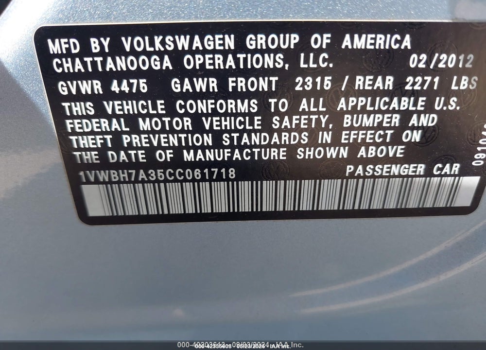 2012 VOLKSWAGEN PASSAT VIN: 1VWBH7A35CC061718
