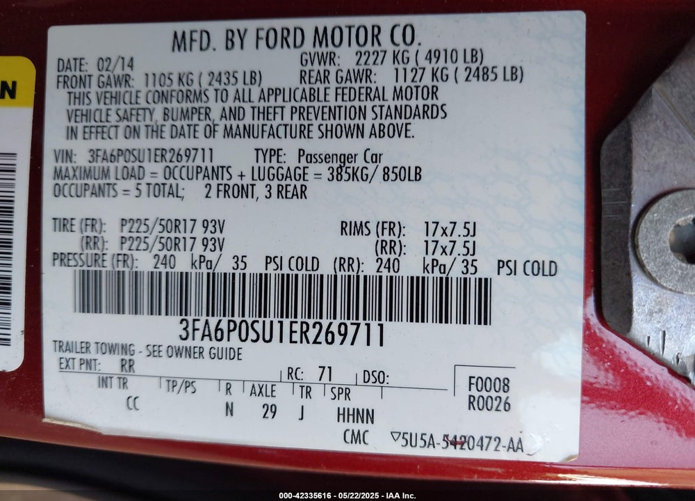2014 FORD FUSION ENERGI VIN: 3FA6P0SU1ER269711