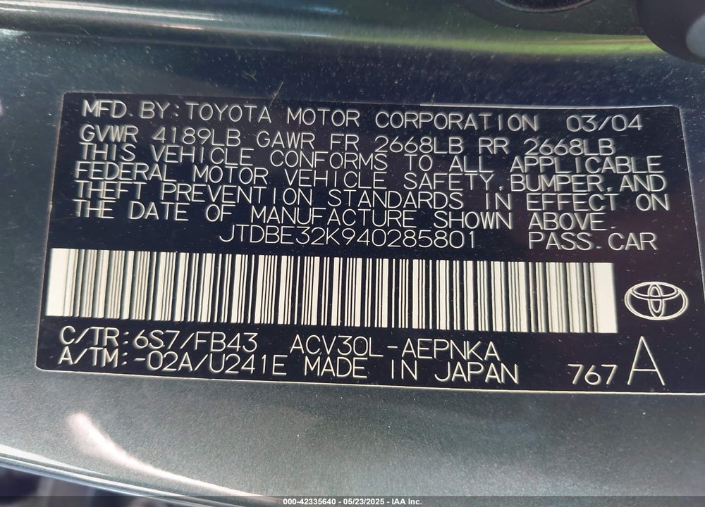 2004 TOYOTA CAMRY LE/SE/STD/XLE VIN: JTDBE32K940285801