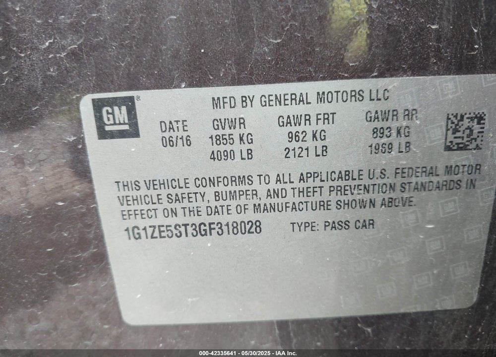 2016 CHEVROLET MALIBU VIN: 1G1ZE5ST3GF318028