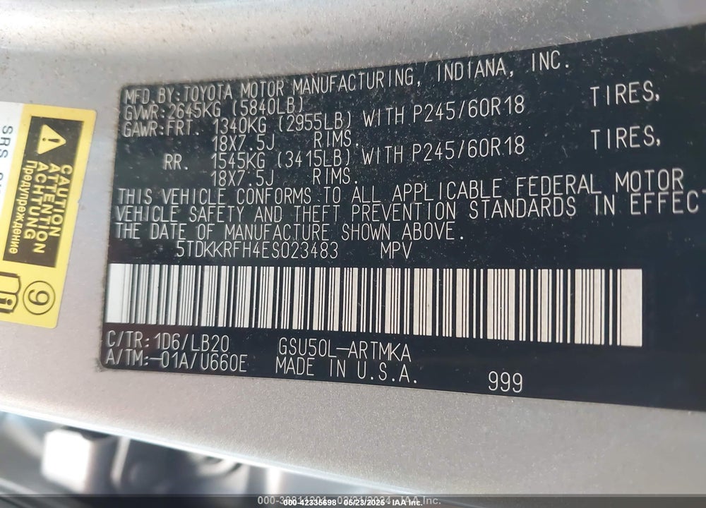 2014 TOYOTA HIGHLANDER VIN: 5TDKKRFH4ES023483