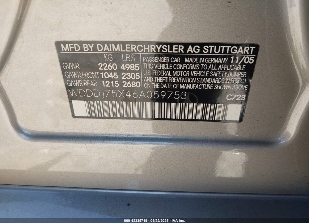 2006 MERCEDES-BENZ CLS 500 VIN: WDDDJ75X46A059753