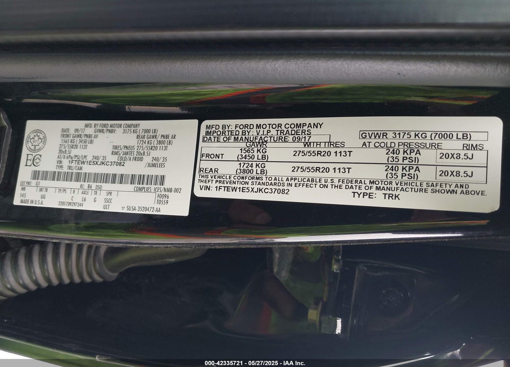 2018 FORD F-150 VIN: 1FTEW1E5XJKC37082