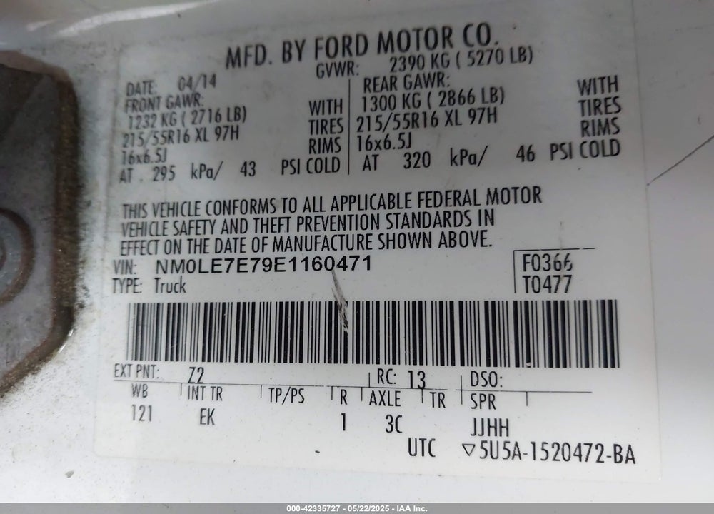2014 FORD TRANSIT CONNECT VIN: NM0LE7E79E1160471