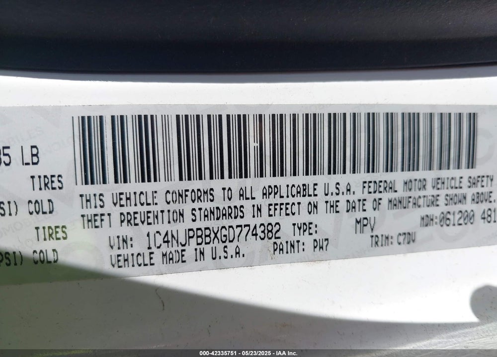 2016 JEEP PATRIOT VIN: 1C4NJPBBXGD774382
