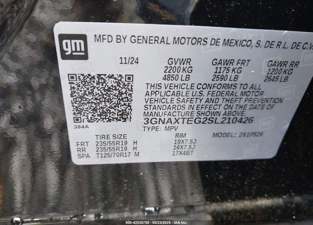2025 CHEVROLET EQUINOX VIN: 3GNAXTEG2SL210426