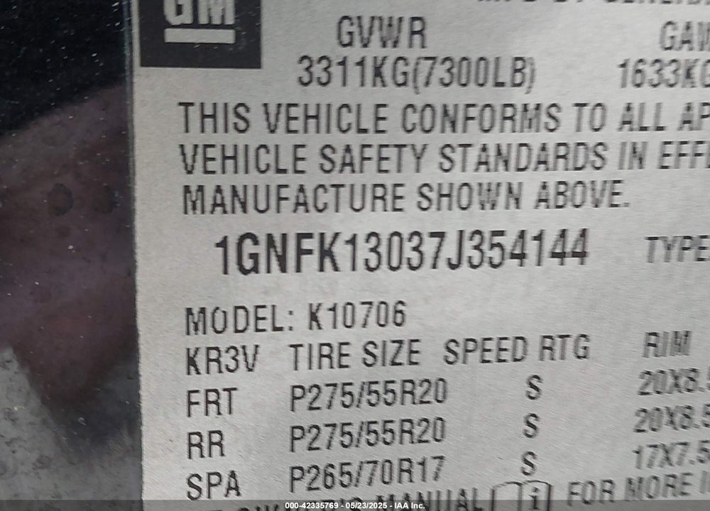 2007 CHEVROLET TAHOE LTZ VIN: 1GNFK13037J354144