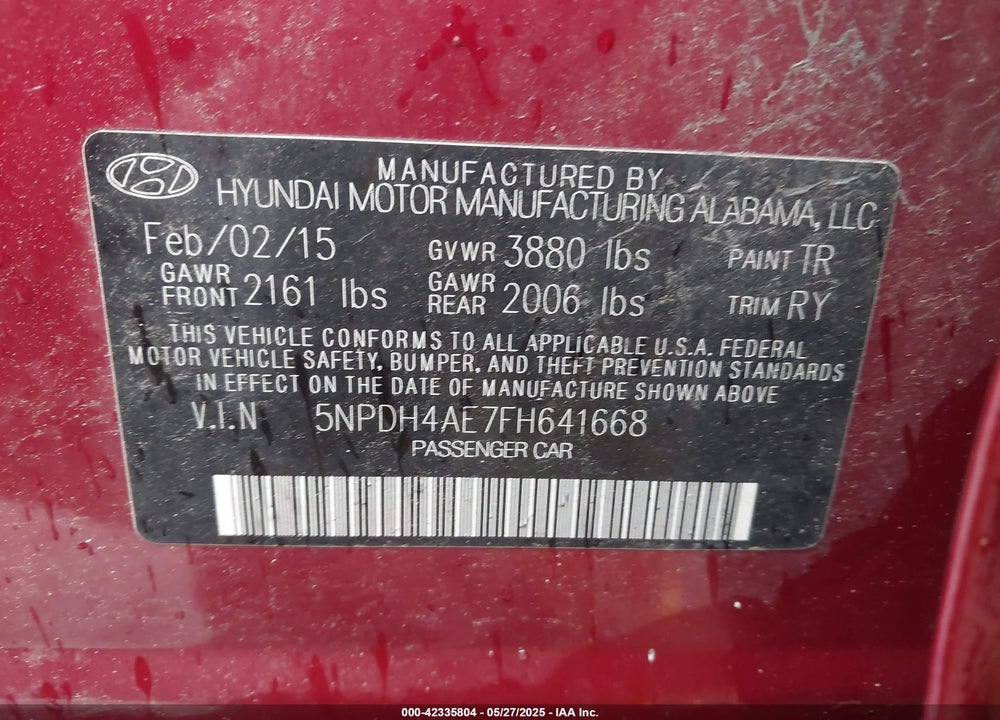 2015 HYUNDAI ELANTRA VIN: 5NPDH4AE7FH641668