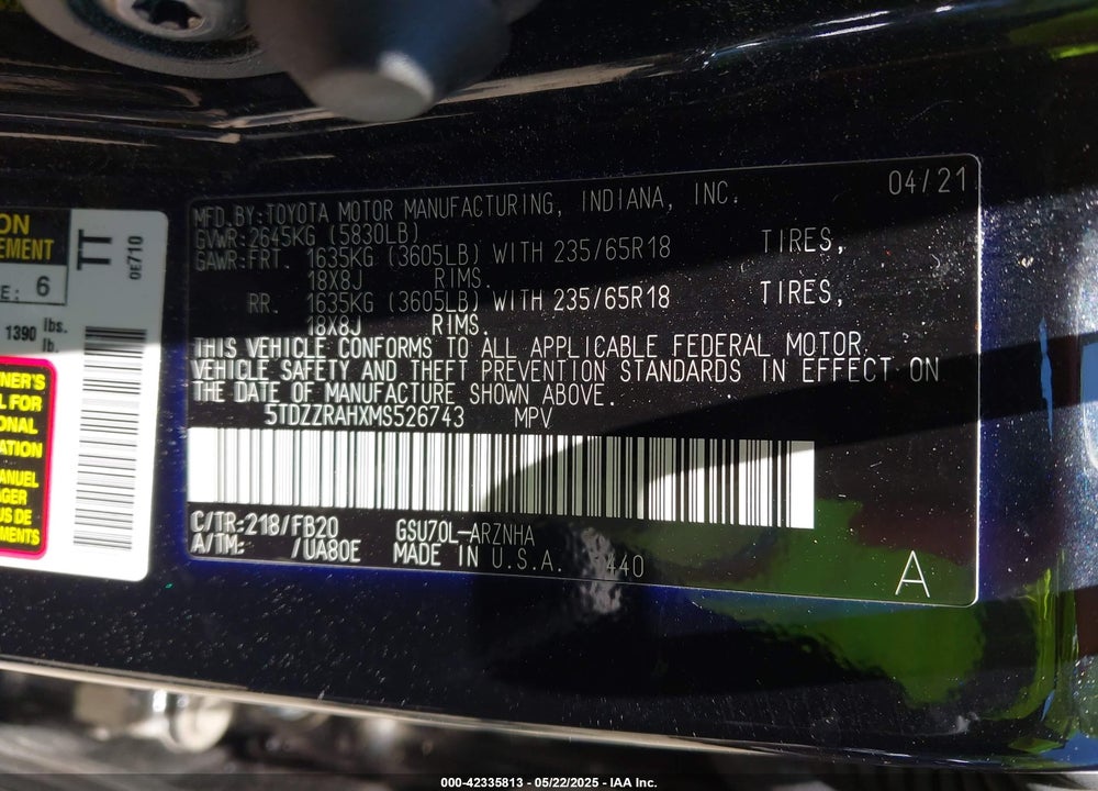 2021 TOYOTA HIGHLANDER VIN: 5TDZZRAHXMS526743