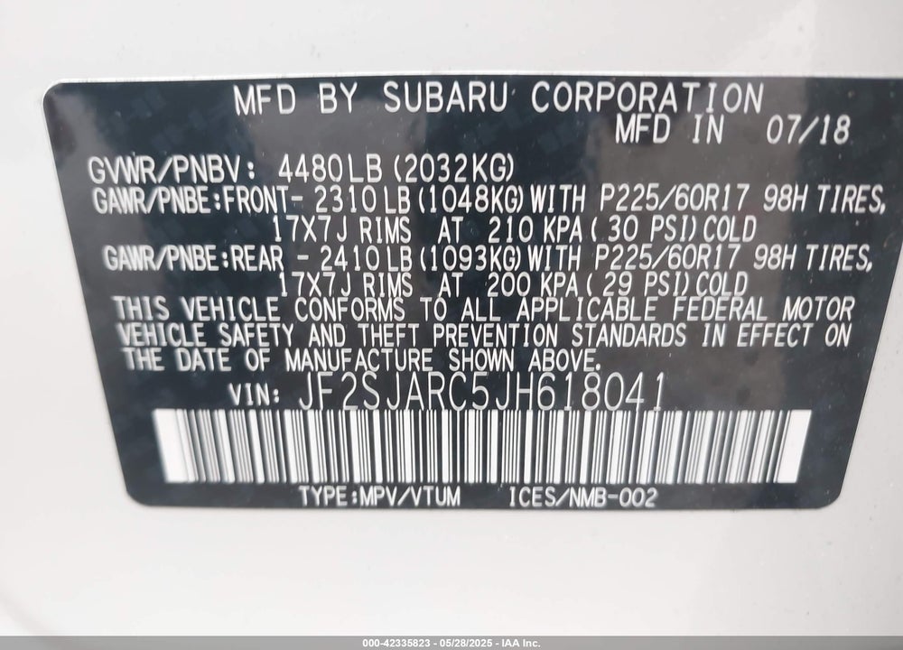 2018 SUBARU FORESTER VIN: JF2SJARC5JH618041