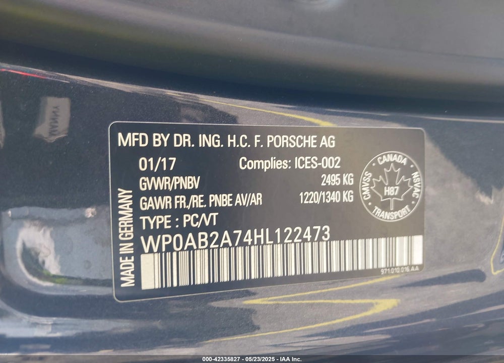 2017 PORSCHE PANAMERA VIN: WP0AB2A74HL122473