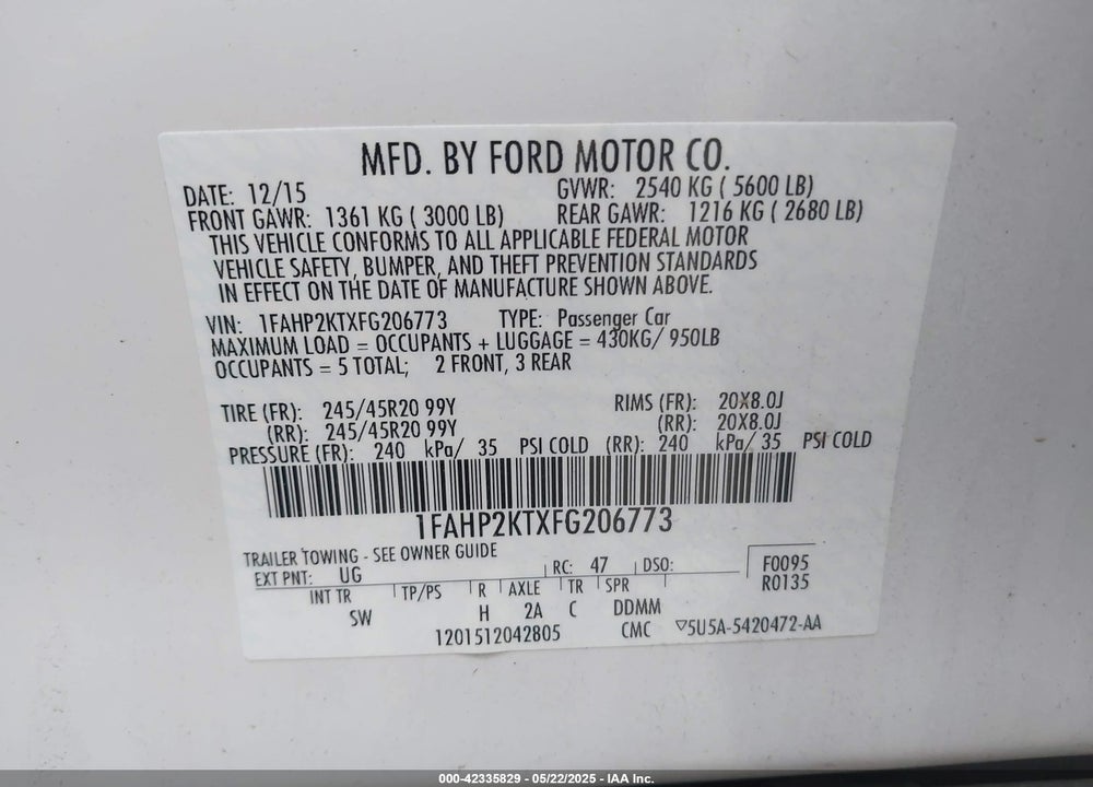 2015 FORD TAURUS VIN: 1FAHP2KTXFG206773