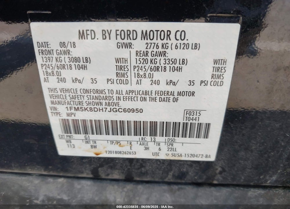 2018 FORD EXPLORER VIN: 1FM5K8DH7JGC60950