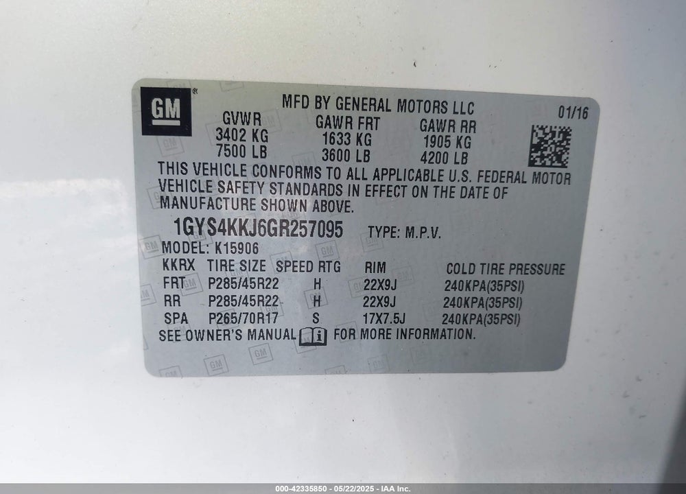 2016 CADILLAC ESCALADE ESV PLATINUM VIN: 1GYS4KKJ6GR257095