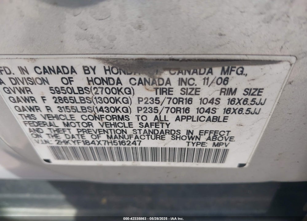 2007 HONDA PILOT VIN: 2HKYF184X7H516247