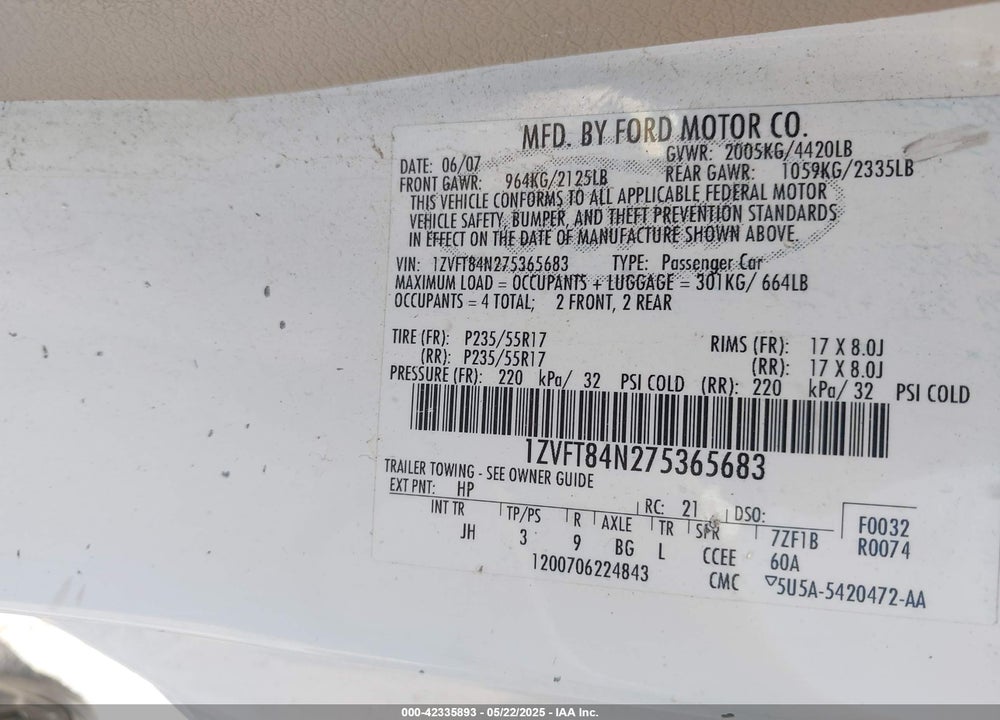 2007 FORD MUSTANG VIN: 1ZVFT84N275365683