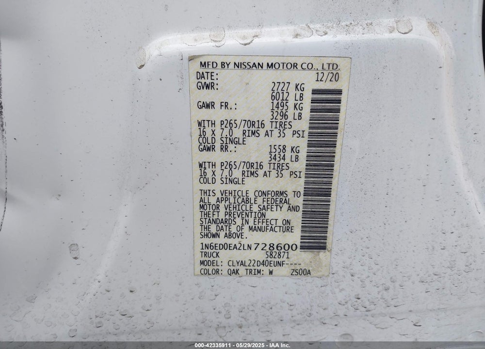 2020 NISSAN FRONTIER SV 4X2 VIN: 1N6ED0EA2LN728600