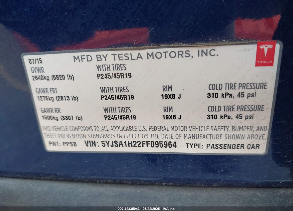 2015 TESLA MODEL S 70D/85D/P85D VIN: 5YJSA1H22FF095964