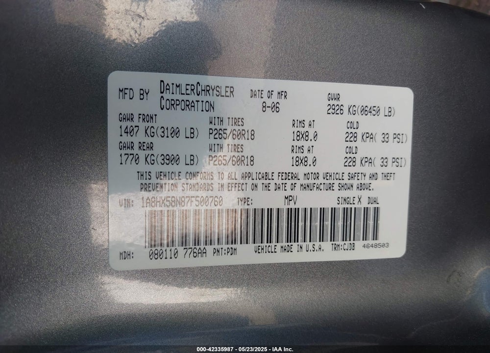 2007 CHRYSLER ASPEN LIMITED VIN: 1A8HX58N87F500760