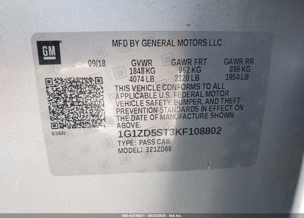 2019 CHEVROLET MALIBU VIN: 1G1ZD5ST3KF108802