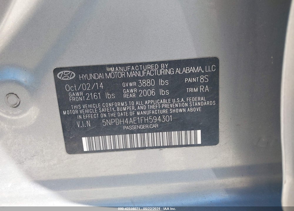 2015 HYUNDAI ELANTRA SE VIN: 5NPDH4AE1FH594301
