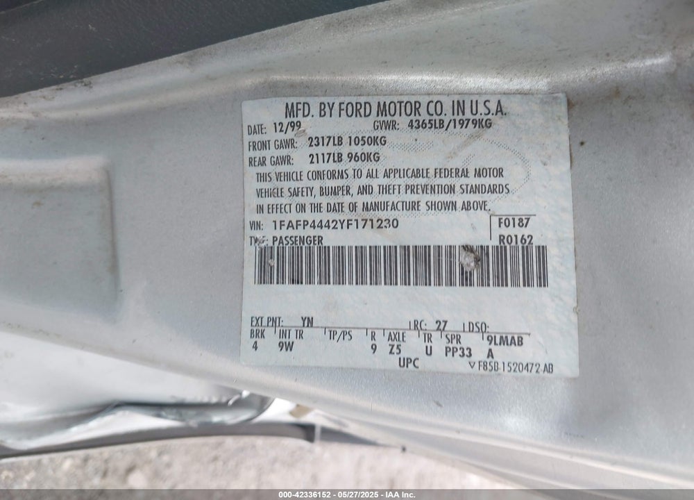 2000 FORD MUSTANG VIN: 1FAFP4442YF171230