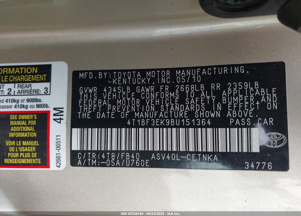 2011 TOYOTA CAMRY VIN: 4T1BF3EK9BU151364