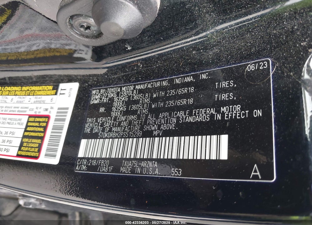2023 TOYOTA HIGHLANDER VIN: 5TDKDRBH2PS515299