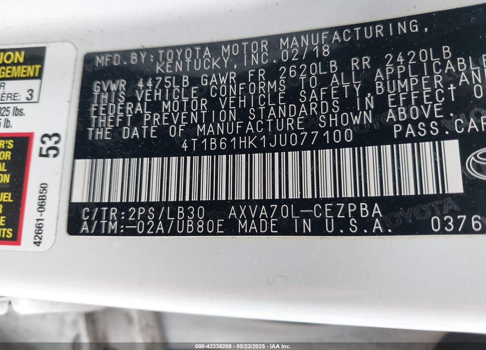 2018 TOYOTA CAMRY VIN: 4T1B61HK1JU077100