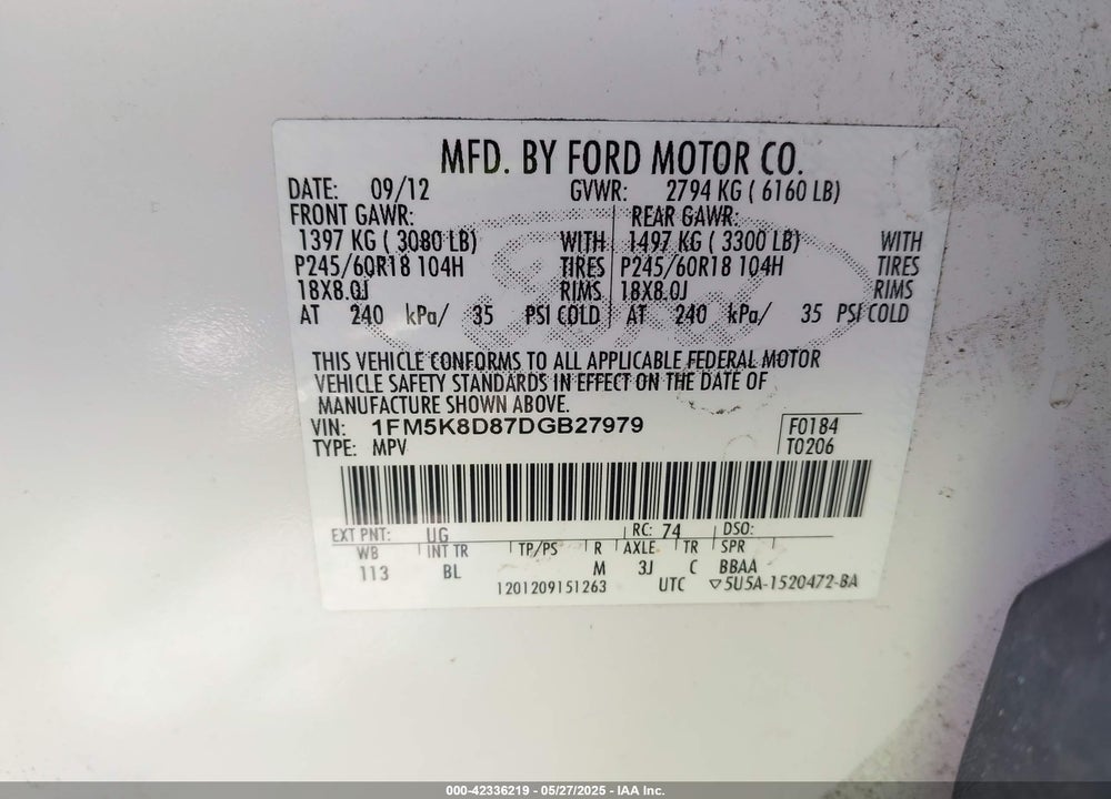 2013 FORD EXPLORER XLT VIN: 1FM5K8D87DGB27979