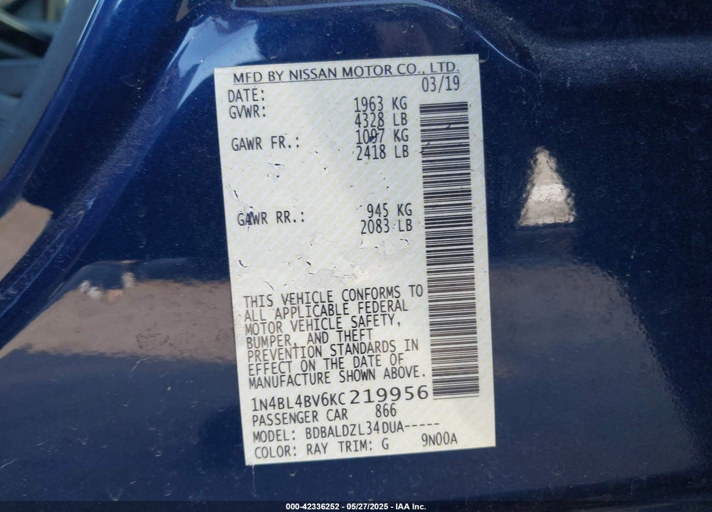 2019 NISSAN ALTIMA VIN: 1N4BL4BV6KC219956