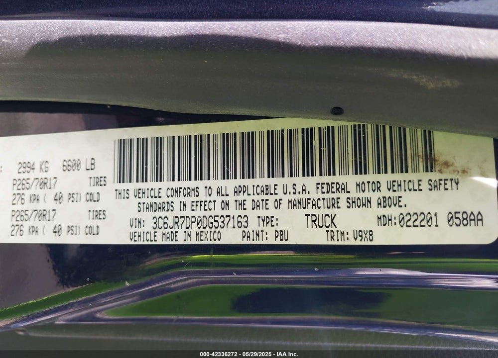 2013 RAM 1500 VIN: 3C6JR7DP0DG537163