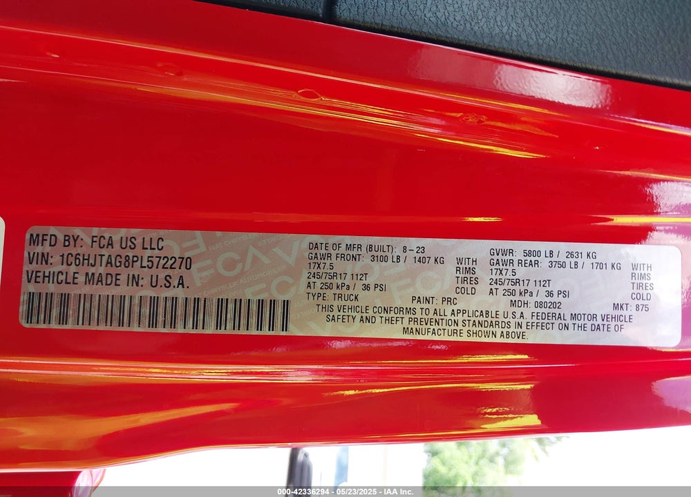 2023 JEEP GLADIATOR VIN: 1C6HJTAG8PL572270