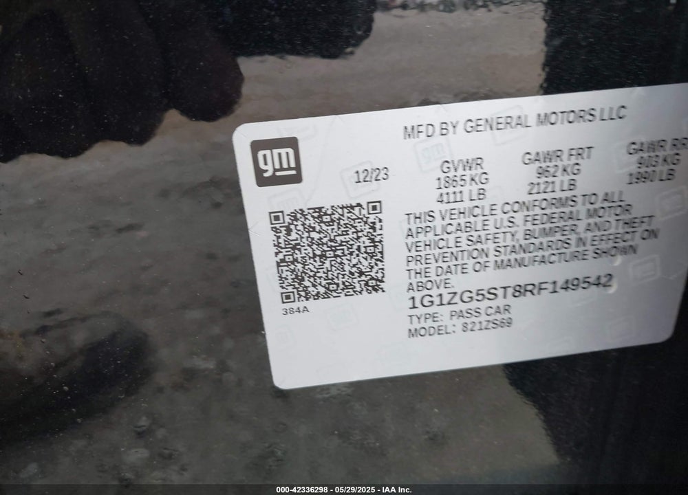 2024 CHEVROLET MALIBU VIN: 1G1ZG5ST8RF149542