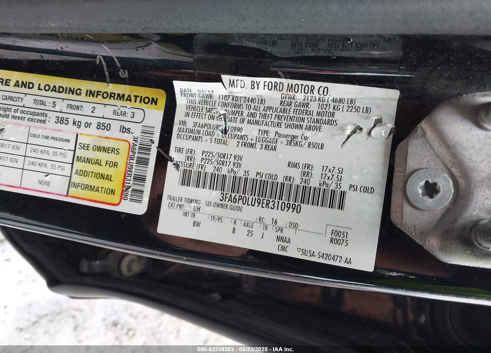 2014 FORD FUSION HYBRID SE VIN: 3FA6P0LU9ER310990