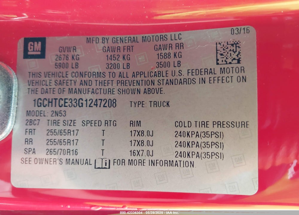 2016 CHEVROLET COLORADO VIN: 1GCHTCE33G1247208