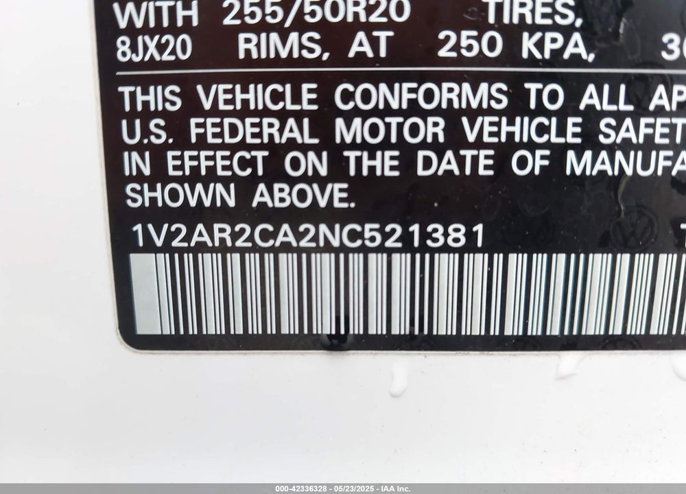 2022 VOLKSWAGEN ATLAS 3.6L V6 SEL R-LINE VIN: 1V2AR2CA2NC521381