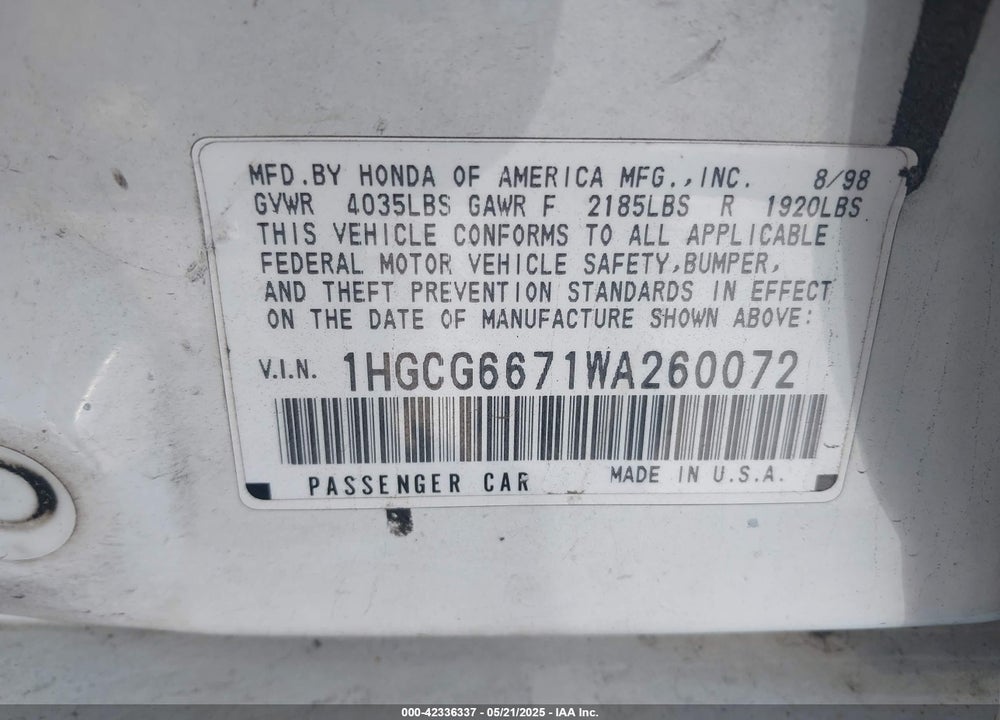 1998 HONDA ACCORD EX VIN: 1HGCG6671WA260072