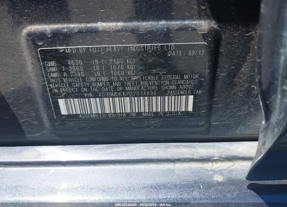 2013 SUBARU LEGACY 3.6R LIMITED VIN: 4S3BMDK67D2014896