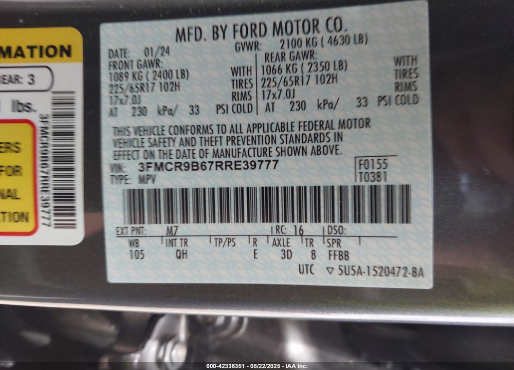 2024 FORD BRONCO SPORT VIN: 3FMCR9B67RRE39777
