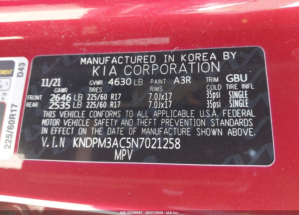 2022 KIA SPORTAGE VIN: KNDPM3AC5N7021258