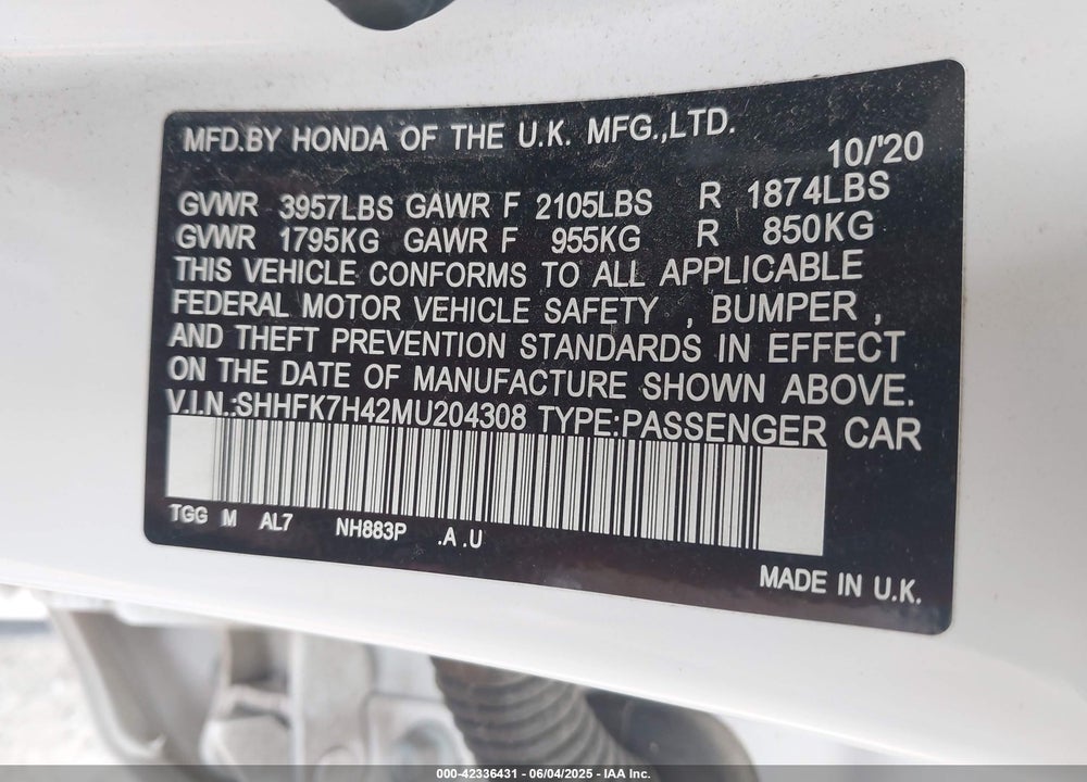 2021 HONDA CIVIC VIN: SHHFK7H42MU204308