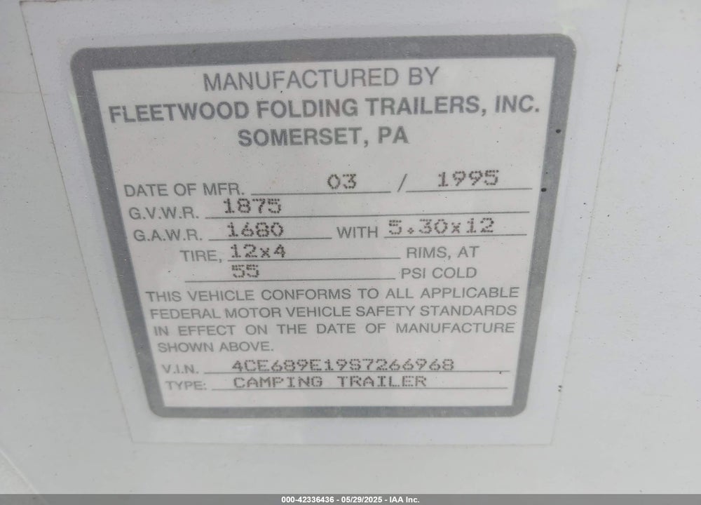 1995 FLEETWOOD ROYALE POP UP CAMPER VIN: 4CE689E19S7266968