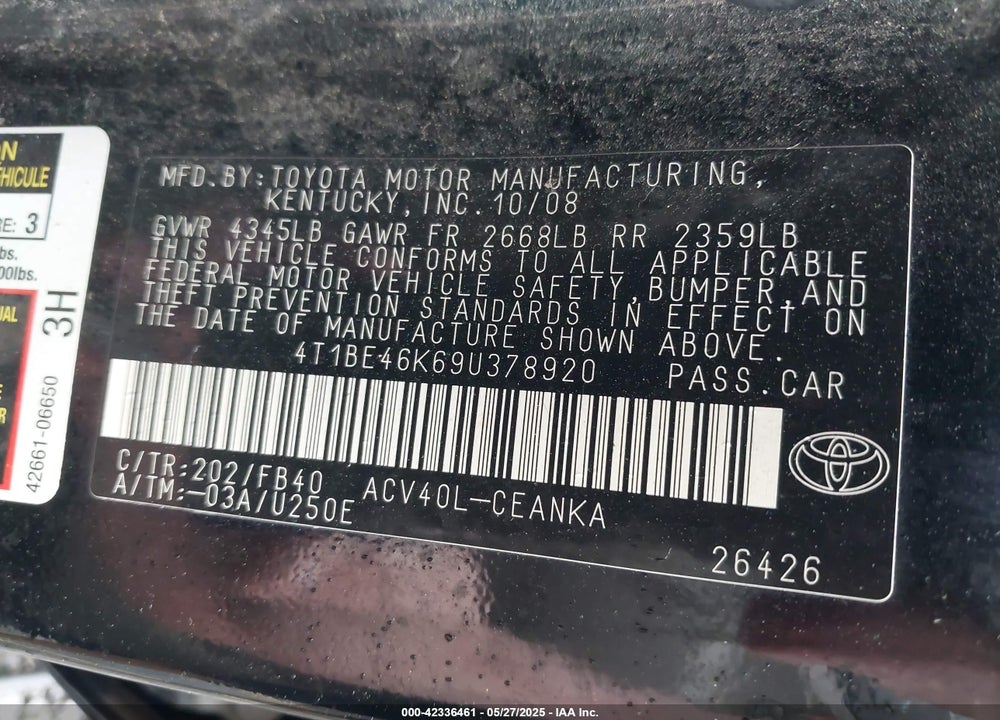 2009 TOYOTA CAMRY VIN: 4T1BE46K69U378920